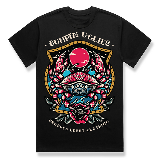 Shellraiser t-shirt Bumpin Uglies collaboration featuring neo traditional tattoo style crab illustration on black alternative streetwear tee by Crossed Heart Clothing