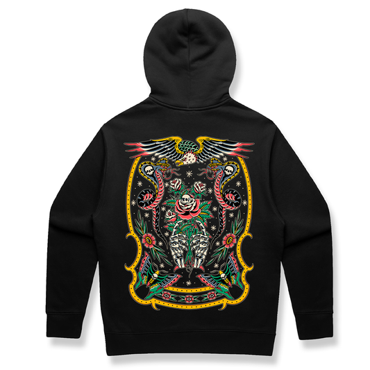 black zip up hoodie with traditional tattoo style skull snake eagle and rose illustration back print streetwear unisex hoodie