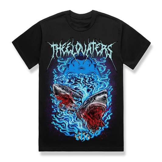 Black band t-shirt featuring aggressive shark underwater graphic for The Elovaters surf rock reggae band merchandise