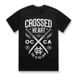 Black alternative streetwear t-shirt featuring crossed swords logo and True To The Crew text by Crossed Heart Clothing OC CA