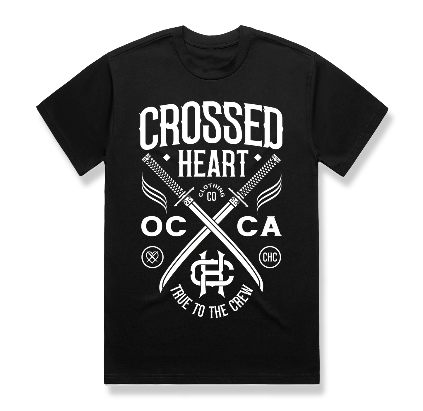 Black alternative streetwear t-shirt featuring crossed swords logo and True To The Crew text by Crossed Heart Clothing OC CA