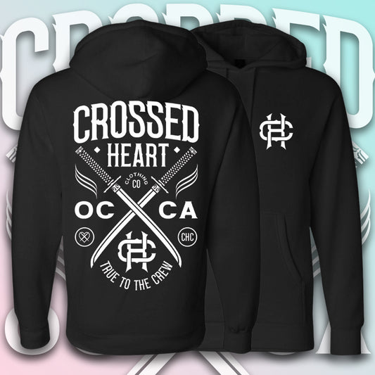 true to the crew crossed heart black hoodie with front and back graphic oc ca crossed swords tattoo inspired alternative streetwear hoodie