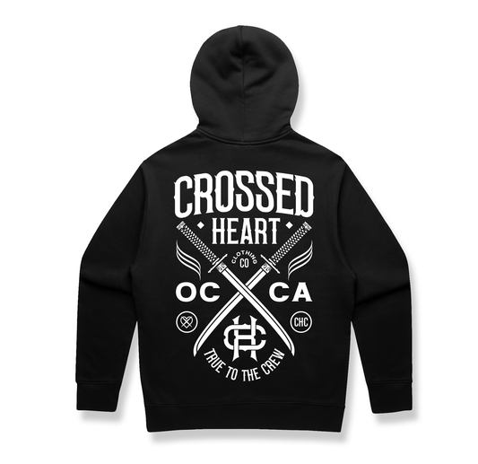 true to the crew crossed heart hoodie black streetwear hoodie with crossed swords graphic oc ca tattoo inspired alternative clothing back print