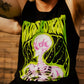 Person wearing black alternative streetwear tank featuring neon green and pink skeleton graphic Alchemist design by Crossed Heart Clothing
