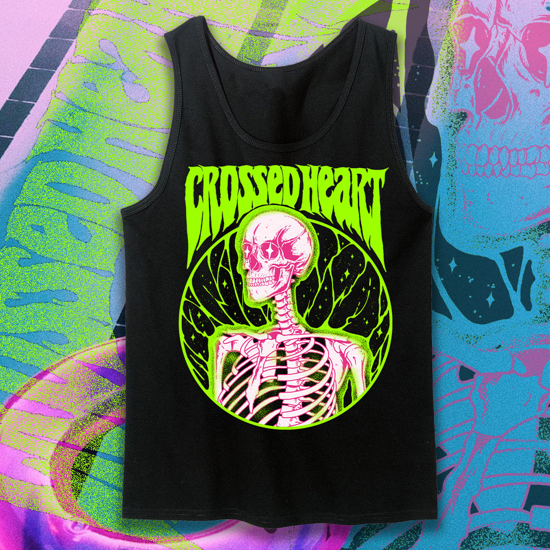 Black alternative streetwear tank top featuring neon green and pink skeleton graphic Alchemist design by Crossed Heart Clothing on colorful graphic background