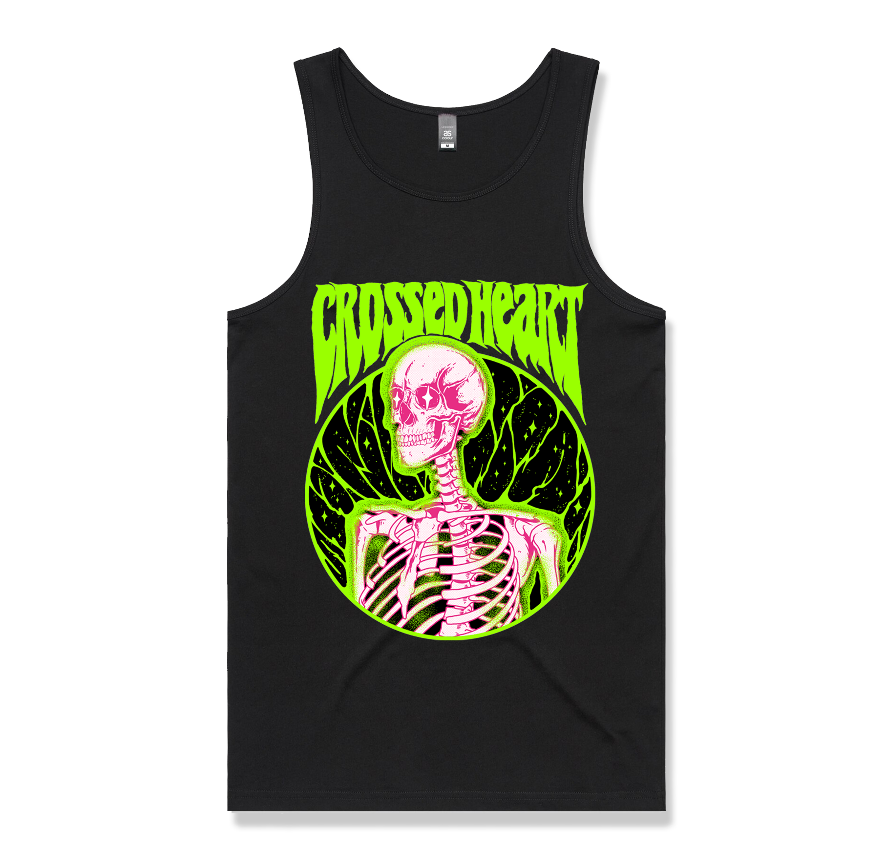 Black alternative streetwear tank top featuring neon green and pink skeleton graphic Alchemist design by Crossed Heart Clothing