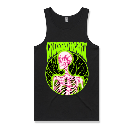 Black alternative streetwear tank top featuring neon green and pink skeleton graphic Alchemist design by Crossed Heart Clothing
