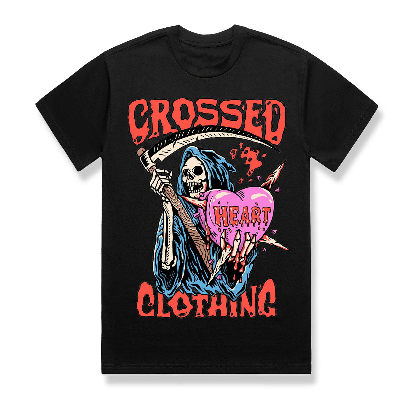 Black alternative streetwear t-shirt featuring grim reaper holding heart graphic with bold Crossed Heart Clothing lettering