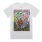 Underwater graphic t-shirt featuring skeleton astronaut playing guitar in psychedelic ocean scene, tattoo inspired alternative streetwear design on white tee by Crossed Heart Clothing