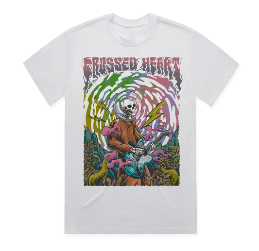 Underwater graphic t-shirt featuring skeleton astronaut playing guitar in psychedelic ocean scene, tattoo inspired alternative streetwear design on white tee by Crossed Heart Clothing